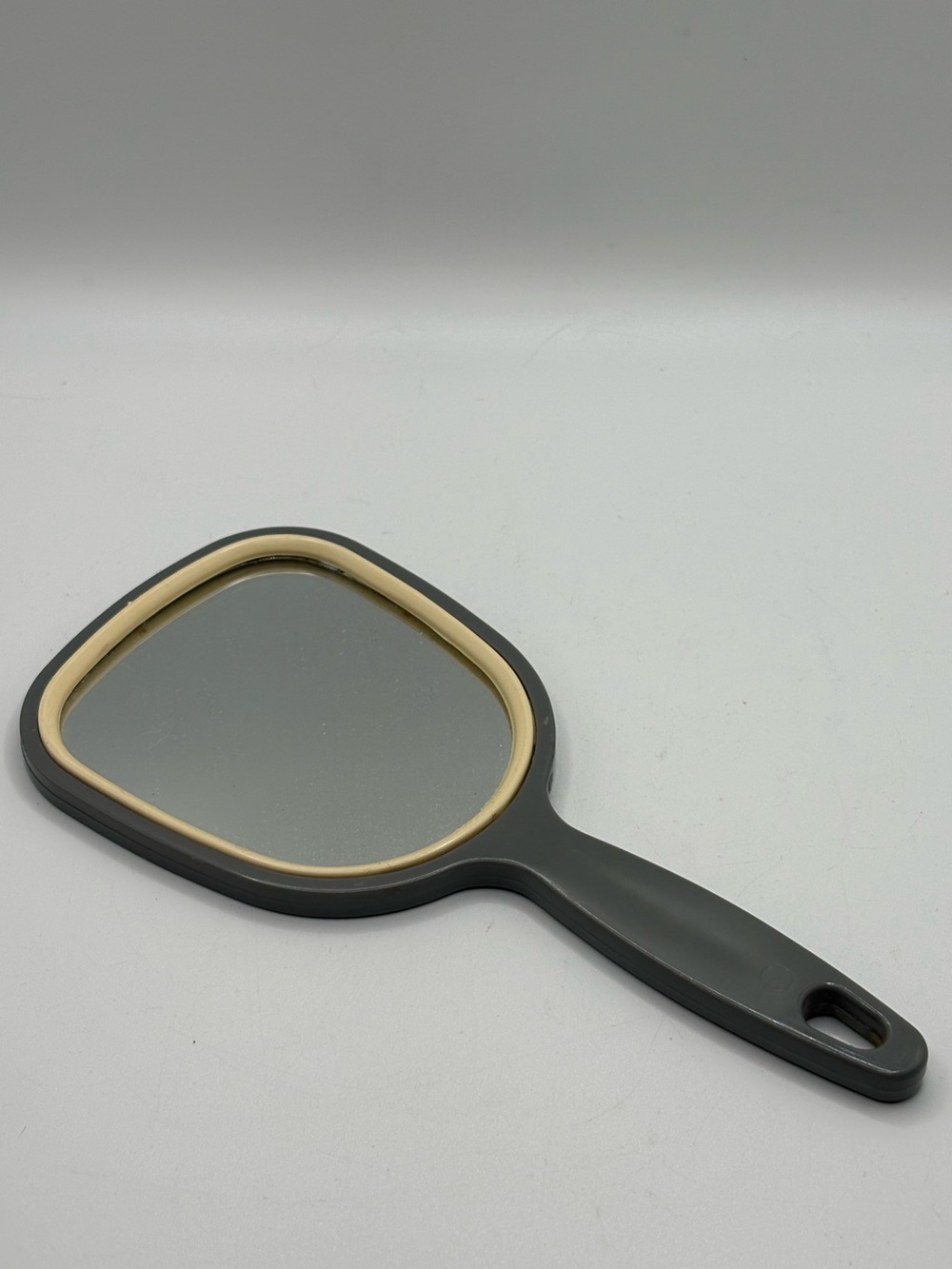 Vintage Goody Hand Mirror Gray Beige Plastic Paddle Vanity Travel Mirror USA 9”
